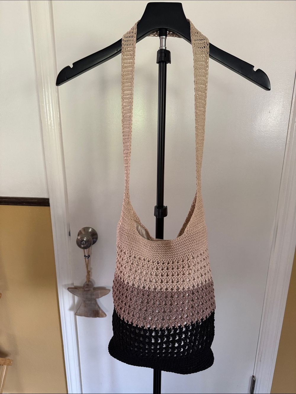 Handmade Gradient Crochet Shoulder Bag in Beige, Taupe and Black